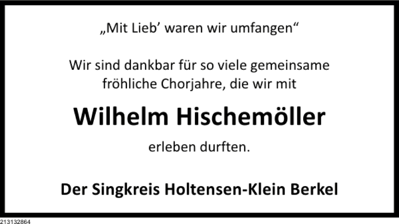  Traueranzeige für Wilhelm Hischemöller vom 07.03.2013 aus Deister- und Weserzeitung