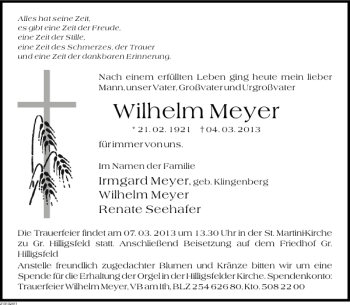 Traueranzeige von Wilhelm Meyer von Deister- und Weserzeitung