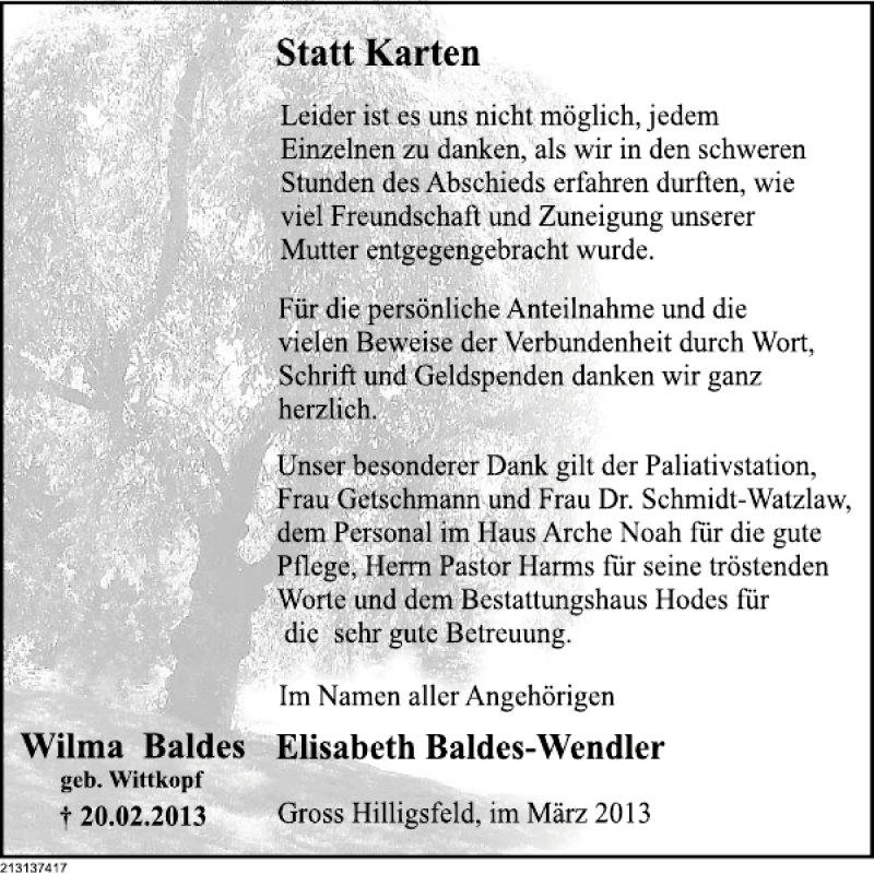  Traueranzeige für Wilma Baldes vom 16.03.2013 aus Deister- und Weserzeitung