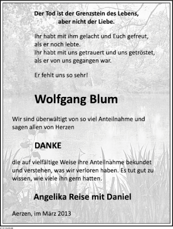 Traueranzeige von Wolfgang Blum von Deister- und Weserzeitung
