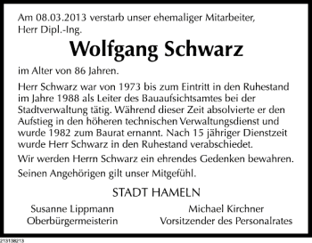 Traueranzeige von Wolfgang Schwarz von Deister- und Weserzeitung