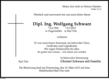 Traueranzeige von Wolfgang Schwarz von Deister- und Weserzeitung