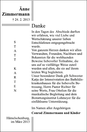 Traueranzeige von Änne Zimmermann von Deister- und Weserzeitung