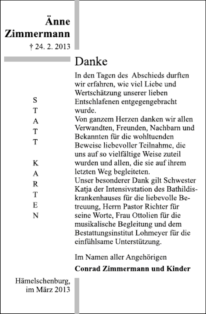  Traueranzeige für Änne Zimmermann vom 16.03.2013 aus Deister- und Weserzeitung