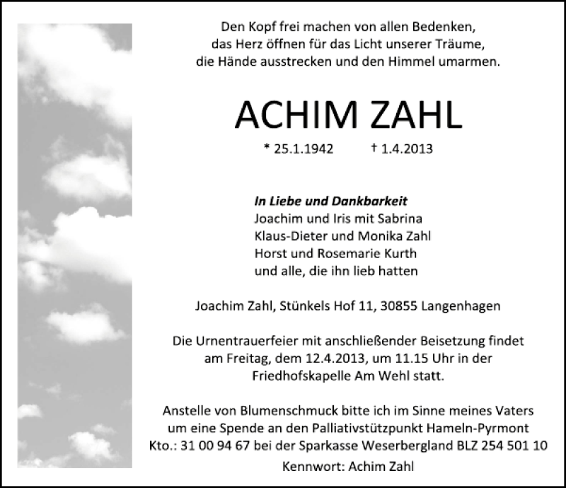  Traueranzeige für Achim Zahl vom 06.04.2013 aus Deister- und Weserzeitung