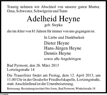 Traueranzeige von Adelheid Heyne von Deister- und Weserzeitung