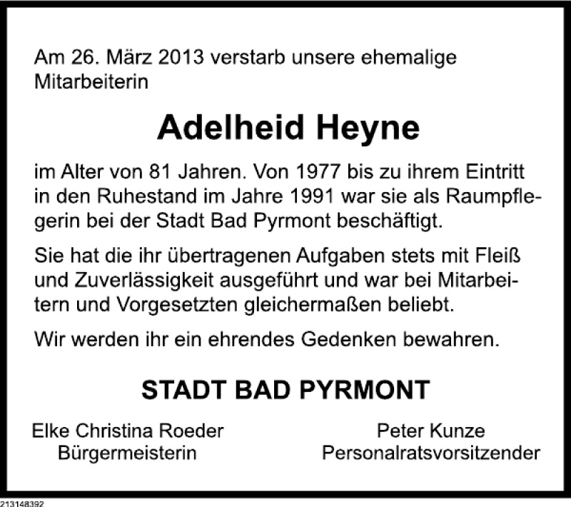  Traueranzeige für Adelheid Heyne vom 12.04.2013 aus Deister- und Weserzeitung
