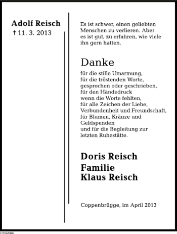 Traueranzeige von Adolf Reisch von Deister- und Weserzeitung