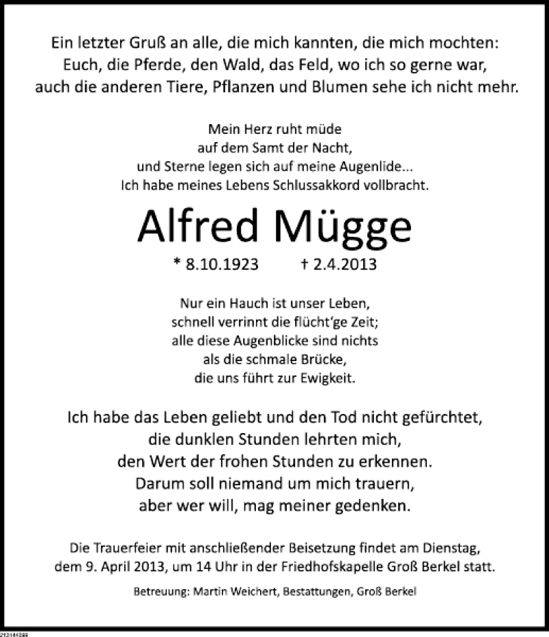  Traueranzeige für Alfred Mügge vom 06.04.2013 aus Deister- und Weserzeitung
