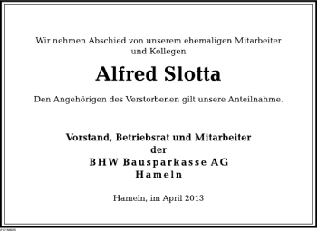 Traueranzeige von Alfred Slotta von Deister- und Weserzeitung