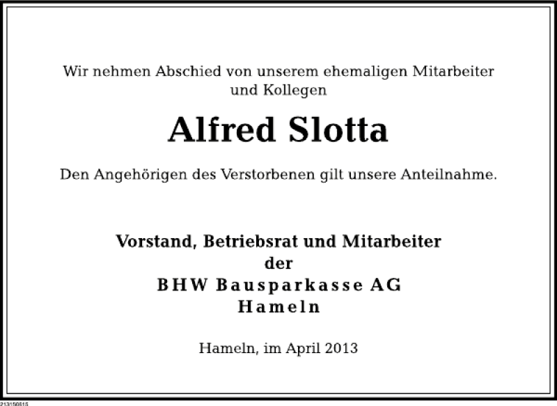  Traueranzeige für Alfred Slotta vom 19.04.2013 aus Deister- und Weserzeitung
