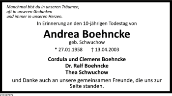 Traueranzeige von Andrea Boehncke von Deister- und Weserzeitung