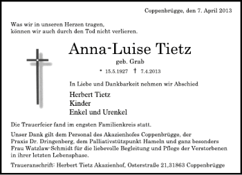 Traueranzeige von Anna-Luise Tietz von Deister- und Weserzeitung