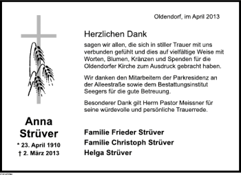 Traueranzeige von Anna Strüver von Deister- und Weserzeitung