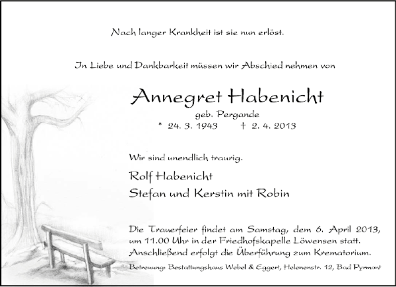  Traueranzeige für Annegret Habenicht vom 04.04.2013 aus Deister- und Weserzeitung