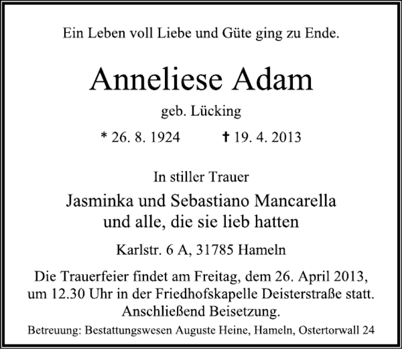  Traueranzeige für Anneliese Adam vom 24.04.2013 aus Deister- und Weserzeitung