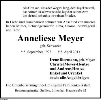 Traueranzeige von Anneliese Meyer von Deister- und Weserzeitung