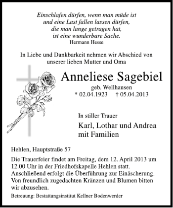 Traueranzeige von Anneliese Sagebiel von Deister- und Weserzeitung