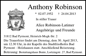 Traueranzeige von Anthony Robinson von Deister- und Weserzeitung