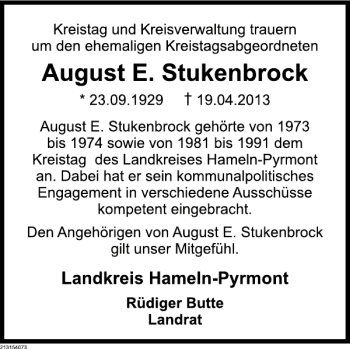 Traueranzeige von August E. Stukenbrock von Deister- und Weserzeitung