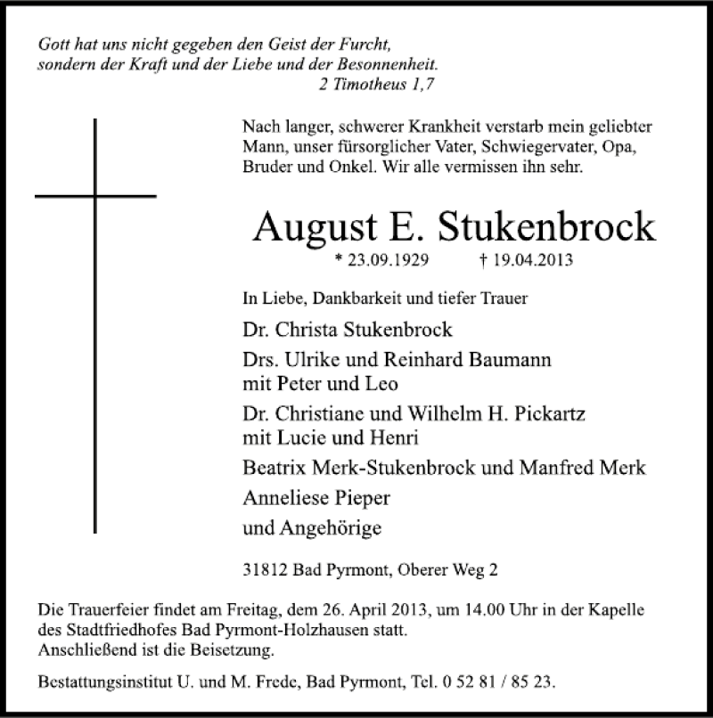  Traueranzeige für August E. Stukenbrock vom 23.04.2013 aus Deister- und Weserzeitung