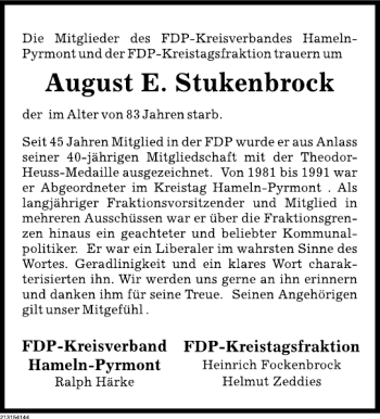 Traueranzeige von August E. Stukenbrock von Deister- und Weserzeitung