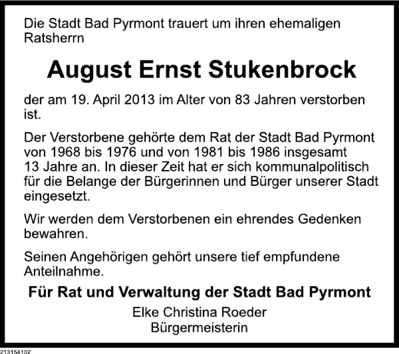  Traueranzeige für August Ernst Stuckenbrock vom 25.04.2013 aus Deister- und Weserzeitung