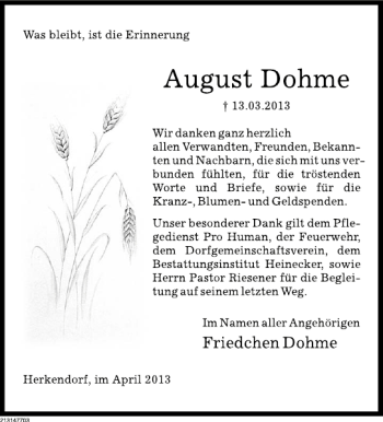 Traueranzeige von Auguste Dohme von Deister- und Weserzeitung