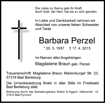 Traueranzeige von Barbara Perzel von Deister- und Weserzeitung