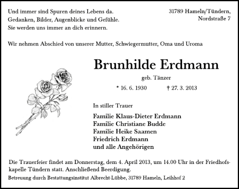  Traueranzeige für Brunhilde Erdmann vom 02.04.2013 aus Deister- und Weserzeitung