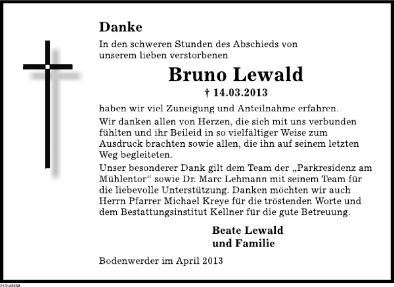  Traueranzeige für Bruno Lewald vom 06.04.2013 aus Deister- und Weserzeitung