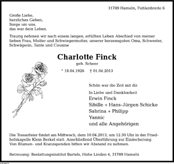 Traueranzeige von Charlotte Finck von Deister- und Weserzeitung