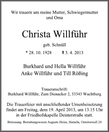Traueranzeige von Christa Willführ von Deister- und Weserzeitung