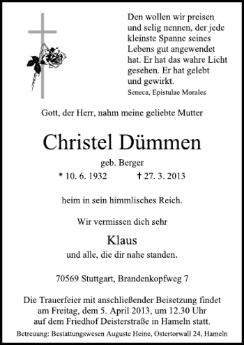 Traueranzeige von Christel Dümmen von Deister- und Weserzeitung