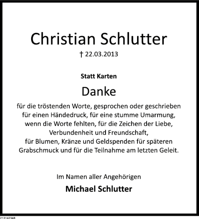  Traueranzeige für Christian Schlutter vom 13.04.2013 aus Deister- und Weserzeitung
