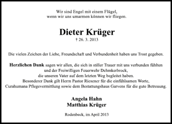 Traueranzeige von Dieter Krüger von Deister- und Weserzeitung