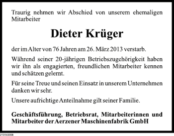 Traueranzeige von Dieter Krüger von Deister- und Weserzeitung