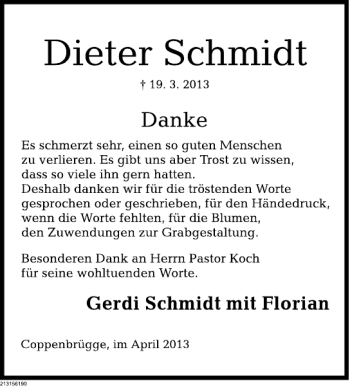 Traueranzeige von Dieter Schmidt von Deister- und Weserzeitung