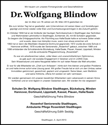 Traueranzeige von Dr. Wolfgang Blindow von Deister- und Weserzeitung