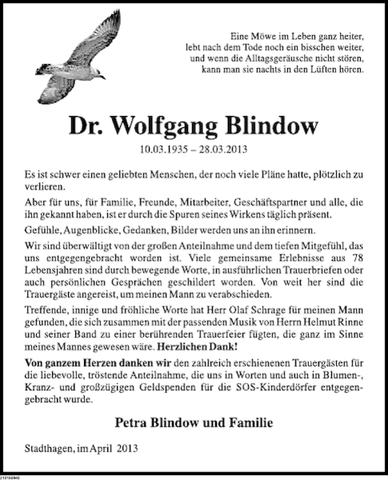  Traueranzeige für Dr. Wolfgang Blindow vom 20.04.2013 aus Deister- und Weserzeitung