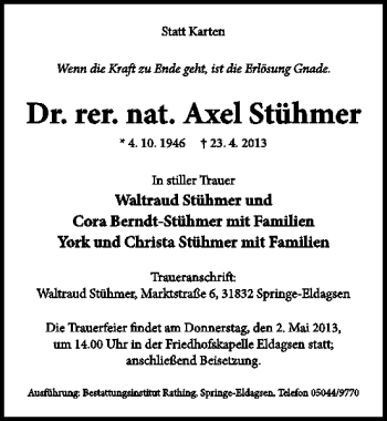 Traueranzeige von Dr. rer. nat Axel Stühmer von Neue Deister-Zeitung