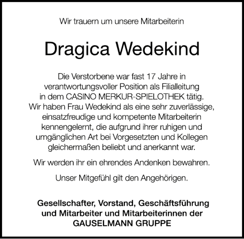  Traueranzeige für Dragica Wedekind vom 16.04.2013 aus Deister- und Weserzeitung