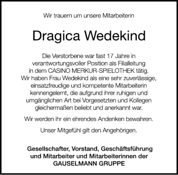 Traueranzeige von Dragica Wedekind von Deister- und Weserzeitung