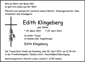 Traueranzeige von Edith Klingeberg von Deister- und Weserzeitung