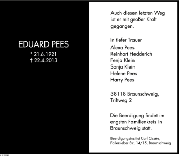 Traueranzeige von Eduard Pees von Deister- und Weserzeitung