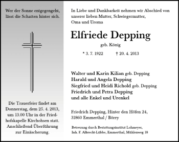 Traueranzeige von Elfriede Depping von Deister- und Weserzeitung