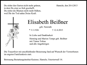 Traueranzeige von Elisabeth Beißner von Deister- und Weserzeitung