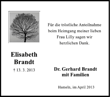Traueranzeige von Elisabeth Bradt von Deister- und Weserzeitung