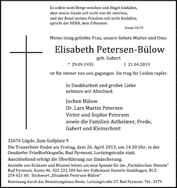 Traueranzeige von Elisbeth Petersen-Bülow von Deister- und Weserzeitung