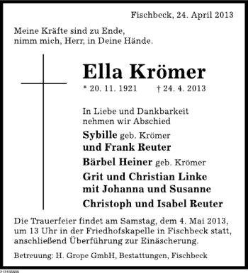 Traueranzeige von Ella Krömer von Deister- und Weserzeitung